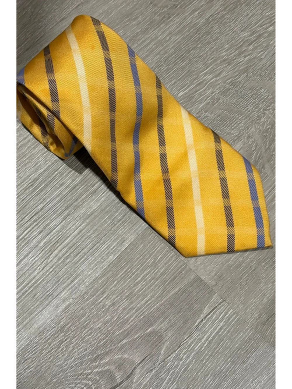 Chaps Men’s Yellow Striped Silk Necktie Blue Black White Classic Tie